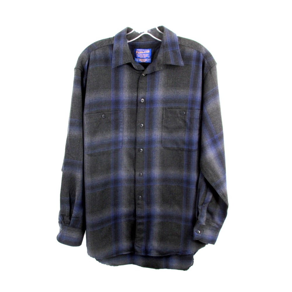 PENDLETON Flannel Shirt Mens Medium Gray Purple Shadow Plaid 100% Wool Button Up